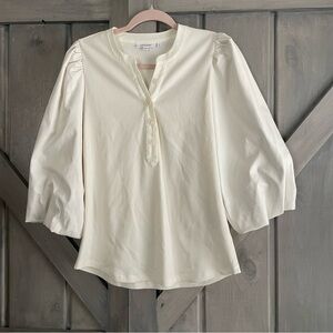 Chicos Off White‎ Ribbed Blouse with Vegan Leather Puff Sleeves M Cotton Stretch